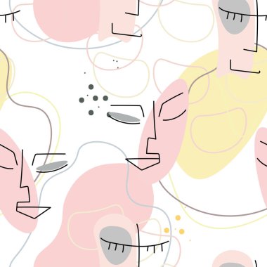 Yüz çizgisi deseni. Soyut çizim kusursuz desen. Vektör Modern Minimum Sanat. Grafikler arka planda. Sürekli bir çizgi çiziyor. Doğrusal tasarım kadın ve erkek yüzleri. Güzel modern baskı..