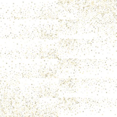 Altın Parıldayan Yıldızlar. Lüks Parlak Konfeti. Dağınık küçük bir parıltı. Parlak gümüş element. Rastgele sihirli minik ışık. Yıldızların beyaz arka planı. Yeni Yıl, Noel Vektörü illüstrasyonu.