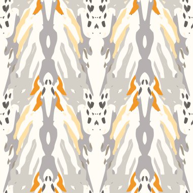 Benekler, Ikat. Tie Dye, Batik. Kusursuz desen. Geometrik Yüzey. El boyası çizilmiş. Kabile Shibori Kumaş Tasarımı. Gri Sarı Halk Eski Folklor Tekstili. Geleneksel Geometri Örgü Boyası Deseni.