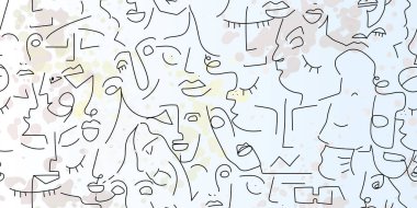 Bir çizgi. Soyut, pürüzsüz bir şekil. Vektör Modern Minimum Sanat. Grafikler arka planda. Devamlı çizgi çizimi. Doğrusal tasarım kadın ve erkek yüzleri. Güzel modern baskı..