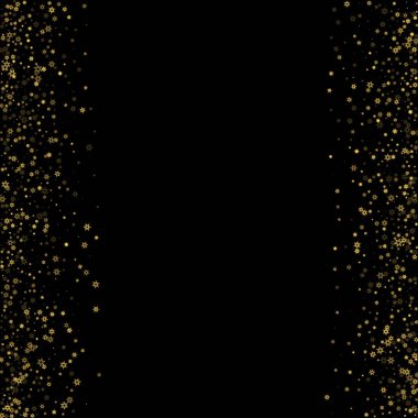 Düşen kar, altın deseni bozar. Uçan altın kar, don ve kar yağışlı bir resim. Kara geceyle ilgili Noel kutlaması için kış baskısı. Yeni Yıl için Tatil Vektörü illüstrasyonu.