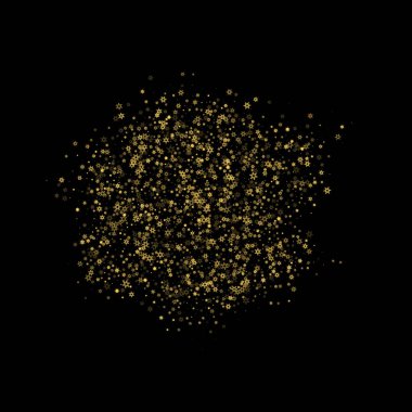 Düşen kar, altın deseni bozar. Uçan altın kar, don ve kar yağışlı bir resim. Kara geceyle ilgili Noel kutlaması için kış baskısı. Yeni Yıl için Tatil Vektörü illüstrasyonu.