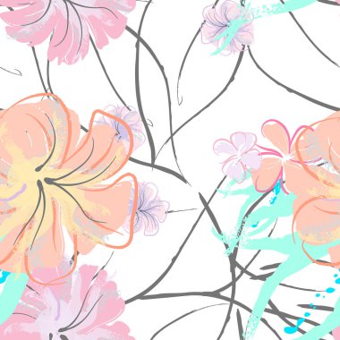 Pembe Çiçekler Çiçek Şablonu. Pastel Suluboya Çiçek Yazısı. Küçük pembe, sarı, gri yapraklı leylak çiçeği. Zarif fırça arka planı. Kusursuz Botanik Vektör Yüzeyi. Moda Yazıcıları İçin Desen.