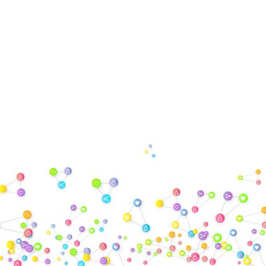 Sosyal medya pazarlaması, iletişim ağı kavramı. Beyaz arkaplana bağlı rastgele sosyal medya hizmetleri simgeleri. Yorum, arkadaş, paylaşım, hedef, mesaj. Vektör İnternet kavramı.