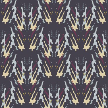 Benekler, Ikat. Tie Dye, Batik. Kusursuz desen. Geometrik Yüzey. El boyası çizilmiş. Kabile Shibori Kumaş Tasarımı. Gri Sarı Halk Eski Folklor Tekstili. Geleneksel Geometri Örgü Boyası Deseni.