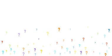 Beyaz arka plana dağılmış soru işaretleri. Sınav, şüphe, anket, araştırma, faq, sorgulama, sorgulama geçmişi. Kamuoyu yoklaması için çok renkli bir şablon. Gökkuşağı rengi. Vektör illüstrasyonu.