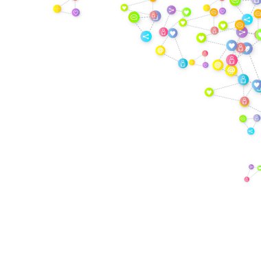 Sosyal medya pazarlaması, iletişim ağı kavramı. Beyaz arkaplana bağlı rastgele sosyal medya hizmetleri simgeleri. Yorum, arkadaş, paylaşım, hedef, mesaj. Vektör İnternet kavramı.