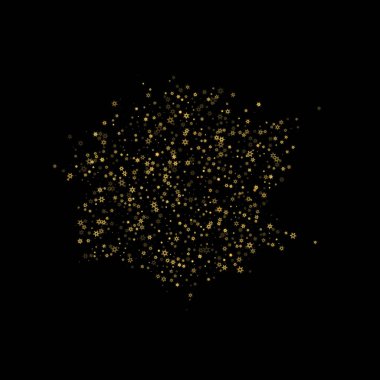 Düşen kar, altın deseni bozar. Uçan altın kar, don ve kar yağışlı bir resim. Kara geceyle ilgili Noel kutlaması için kış baskısı. Yeni Yıl için Tatil Vektörü illüstrasyonu.