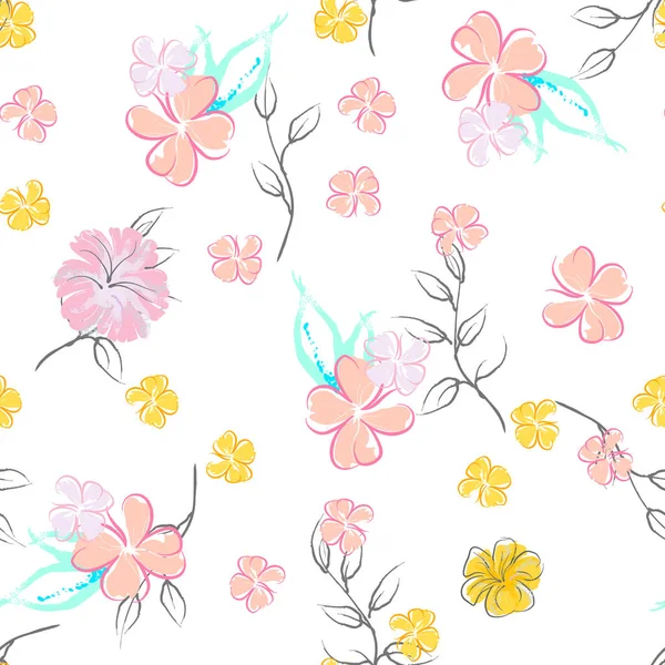 Lyserøde Blomster Blomstrende Mønster Pastel Akvarel Blomsterprint Lille Lyserød Gul – Stock-vektor