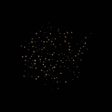 Düşen kar, altın deseni bozar. Uçan altın kar, don ve kar yağışlı bir resim. Kara geceyle ilgili Noel kutlaması için kış baskısı. Yeni Yıl için Tatil Vektörü illüstrasyonu.