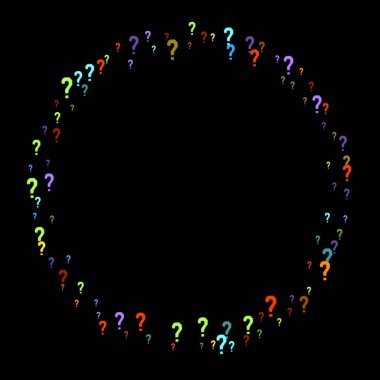 Soru işaretleri siyah arkaplana dağılmış. Sınav, şüphe, anket, araştırma, faq, sorgulama, sorgulama geçmişi. Kamuoyu yoklaması için çok renkli bir şablon. Gökkuşağı rengi. Vektör illüstrasyonu.