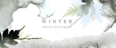 Kış suluboya geçmişi. Vektör el doku çizimi botanik yapraklar, çiçekler. Kış mevsimi için soyut sanat tasarımı. Modern kart, düğün masrafları, davetiye. Noel Sanatları Dekorasyonu.