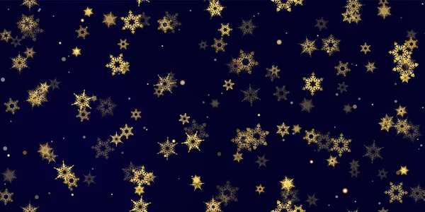 金色雪花般的无缝图案 秋天金黄的 生动的 明亮的雪 有霜冻 星辰的矢量图解 除夕夜庆祝活动的冬季深蓝色背景 — 图库矢量图片