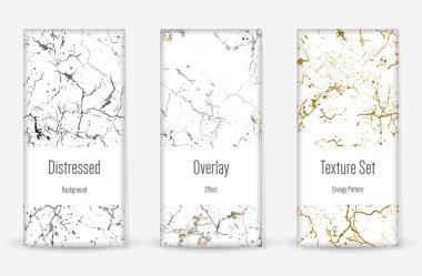 Kederli Grunge dokusu seti. Kusursuz desen. Çizilmiş, Dirt Print. Yarım tonluk Retro Arkaplan. Kırık, çatlak duvar dokusu. Altın, Siyah, Beyaz Grunge tarzı. Gürültü Kaba Tasarım. Vektör İllüstrasyonu.