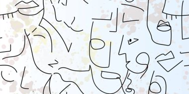 Bir çizgi. Soyut, pürüzsüz bir şekil. Vektör Modern Minimum Sanat. Grafikler arka planda. Devamlı çizgi çizimi. Doğrusal tasarım kadın ve erkek yüzleri. Güzel modern baskı..