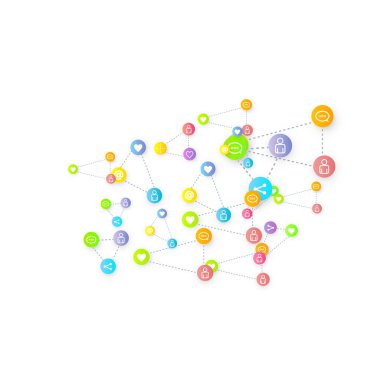 Sosyal medya pazarlaması, iletişim ağı kavramı. Beyaz arkaplana bağlı rastgele sosyal medya hizmetleri simgeleri. Yorum, arkadaş, paylaşım, hedef, mesaj. Vektör İnternet kavramı.