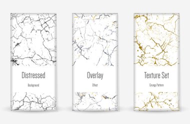 Kederli Grunge dokusu seti. Kusursuz desen. Çizilmiş, Dirt Print. Yarım tonluk Retro Arkaplan. Kırık, çatlak duvar dokusu. Altın, Siyah, Beyaz Grunge tarzı. Gürültü Kaba Tasarım. Vektör İllüstrasyonu.