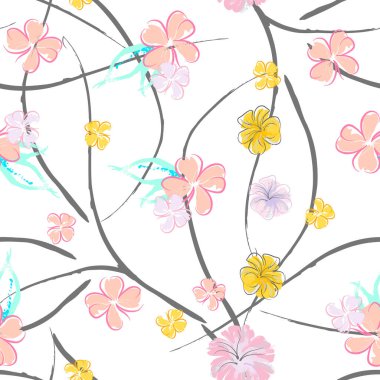 Pembe Çiçekler Çiçek Şablonu. Pastel Suluboya Çiçek Yazısı. Küçük pembe, sarı, gri yapraklı leylak çiçeği. Zarif fırça arka planı. Kusursuz Botanik Vektör Yüzeyi. Moda Yazıcıları İçin Desen.