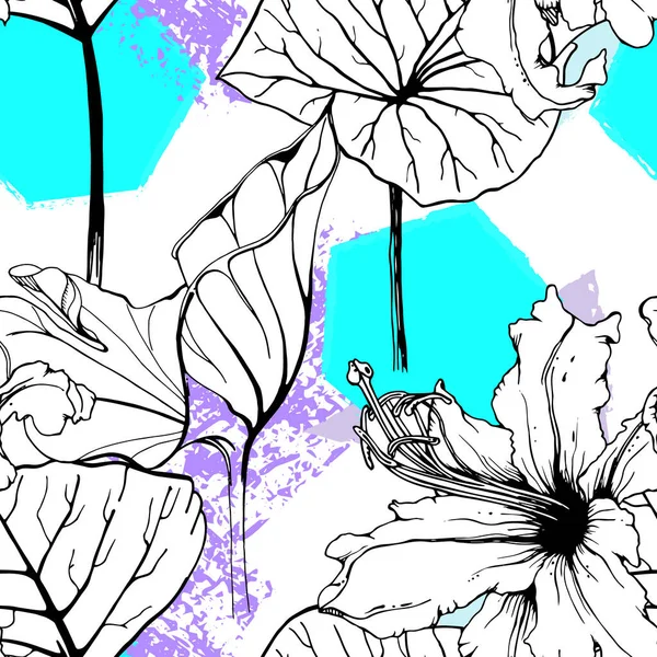 Floral Black White Print Folha Selva Tropical Formas Escova Geométrica — Vetor de Stock