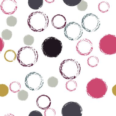 Siyah Fırça Çemberi. Vektör Kusursuz Desen. Renkli süs. Suluboya Şekli Kaotik Şekillerle Soyut Beyaz Arkaplan. Yaz Sanatsal Hediye Paketi. Tebeşir Fırçası Yuvarlakları, Konfeti