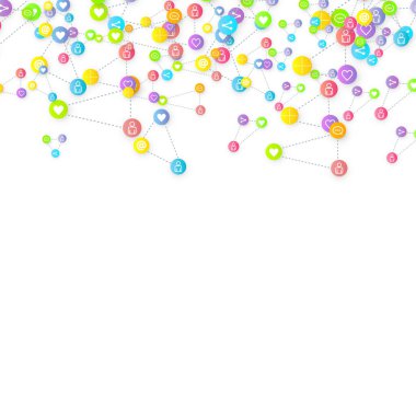 Sosyal medya pazarlaması, iletişim ağı kavramı. Beyaz arkaplana bağlı rastgele sosyal medya hizmetleri simgeleri. Yorum, arkadaş, paylaşım, hedef, mesaj. Vektör İnternet kavramı.