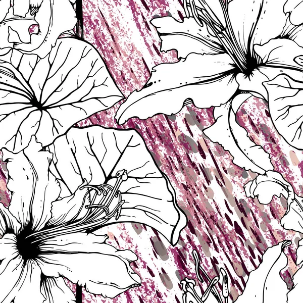 Floral Schwarz Weiß Nahtloses Muster Moderner Künstlerischer Aquarelldruck Fashion Outline — Stockvektor