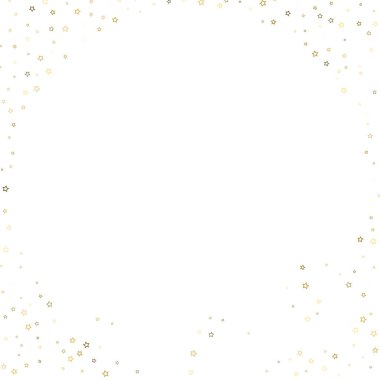 Altın Parıldayan Yıldızlar. Lüks Parlak Konfeti. Dağınık küçük bir parıltı. Parlak gümüş element. Rastgele sihirli minik ışık. Yıldızların beyaz arka planı. Yeni Yıl, Noel Vektörü illüstrasyonu.