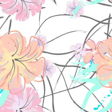 Pembe Çiçekler Çiçek Şablonu. Pastel Suluboya Çiçek Yazısı. Küçük pembe, sarı, gri yapraklı leylak çiçeği. Zarif fırça arka planı. Kusursuz Botanik Vektör Yüzeyi. Moda Yazıcıları İçin Desen.