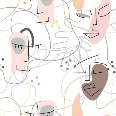 Kadın yüzü hattı. Soyut çizim kusursuz desen. Vektör Modern Minimum Sanat. Grafikler arka planda. Sürekli bir çizgi çiziyor. Doğrusal tasarım kadın ve erkek yüzleri. Güzel modern baskı..