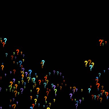 Soru işaretleri siyah arkaplana dağılmış. Sınav, şüphe, anket, araştırma, faq, sorgulama, sorgulama geçmişi. Kamuoyu yoklaması için çok renkli bir şablon. Gökkuşağı rengi. Vektör illüstrasyonu.