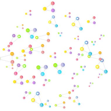 Sosyal medya pazarlaması, iletişim ağı kavramı. Beyaz arkaplana bağlı rastgele sosyal medya hizmetleri simgeleri. Yorum, arkadaş, paylaşım, hedef, mesaj. Vektör İnternet kavramı.