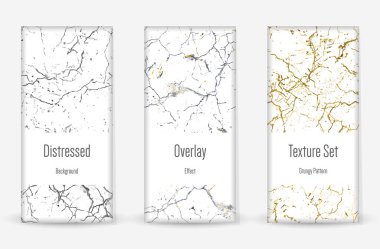 Kederli Grunge dokusu seti. Kusursuz desen. Çizilmiş, Dirt Print. Yarım tonluk Retro Arkaplan. Kırık, çatlak duvar dokusu. Altın, Siyah, Beyaz Grunge tarzı. Gürültü Kaba Tasarım. Vektör İllüstrasyonu.