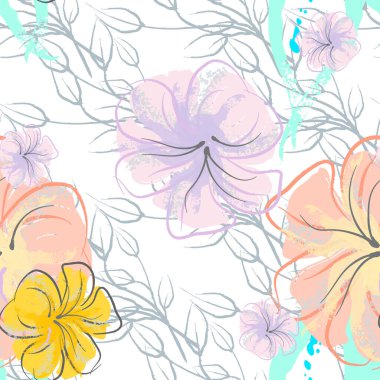 Pembe Çiçekler Çiçek Şablonu. Pastel Suluboya Çiçek Yazısı. Küçük pembe, sarı, gri yapraklı leylak çiçeği. Zarif fırça arka planı. Kusursuz Botanik Vektör Yüzeyi. Moda Yazıcıları İçin Desen.