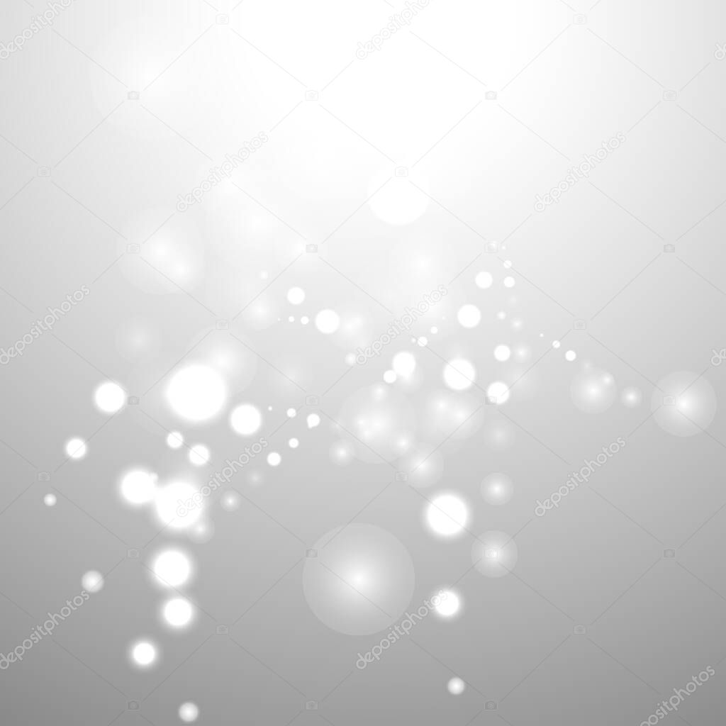 Silver Bokeh Christmas Background. Snow Flakes on Light Grey. Blurred Vector Design. Holiday Winter Backdrop With Glow and Overlay Effect. Season Bling Christmas Decoration.