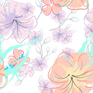 Pembe Çiçekler Çiçek Şablonu. Pastel Suluboya Çiçek Yazısı. Küçük pembe, sarı, gri yapraklı leylak çiçeği. Zarif fırça arka planı. Kusursuz Botanik Vektör Yüzeyi. Moda Yazıcıları İçin Desen.