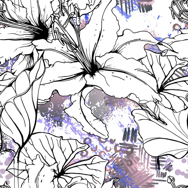 Bloemen Zwart Met Wit Naadloos Patroon Moderne Artistieke Aquareldruk Fashion — Stockvector