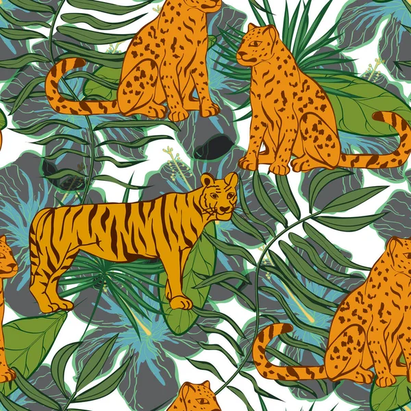 Dessin Animé Tigre Feuilles Vectoriel Modèle Sans Couture Impression Tropicale — Image vectorielle