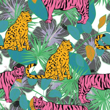 Çizgi film Tiger ve Leaves Vektör Kusursuz Desen. Tropik Jaguar ve Palm Illustration. Yaz baskısı. Çita Motley Safari Arkaplanı.