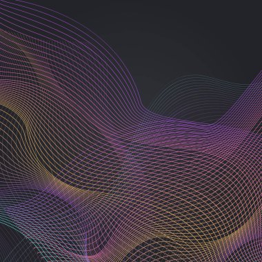Dijital Akış Geometrik Vektör Siyah Arkaplan. Gökkuşağı Çizgili Modern Desen. Wave Sound Broşürü. Neon Curve Müzik Arkaplanı.