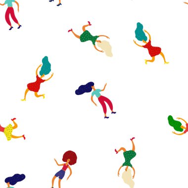 Komik Kadın, Vektör Beyaz Kusursuz Desen 'i İzole Etti. Moda Joy Person Banner. Dans Gençliği Şablonu. Renkli Kız Eğlence Arkaplanı. İnsanları Yeniden Kutla Duvar Kağıdı.