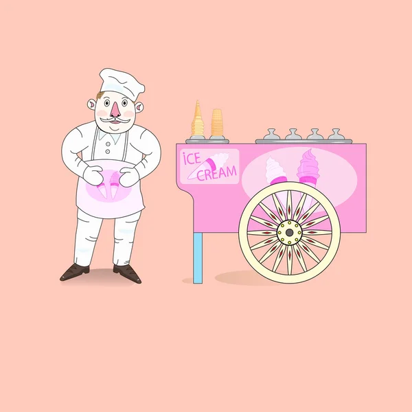 Ice cream vendor with cart. — Stock Vector