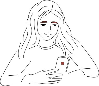 Telefonlu vektör kadın. El çizimi, minimal stil, beyaz arka plan. Modern tasarım