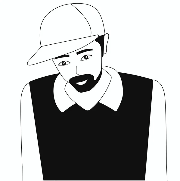 Vecteur Noir Blanc Ligne Dessin Main Type Coiffé Homme Barbu — Image vectorielle