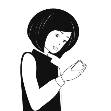 Siyah ve beyaz vektörler çiziyorum. Telefonu olan kız..