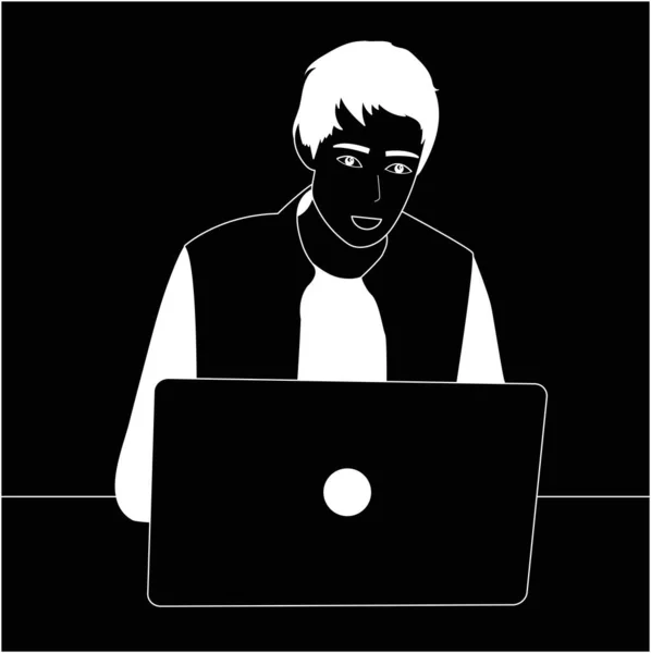 Zwarte Witte Vector Hand Tekening Lijn Hij Werkt Laptop — Stockvector