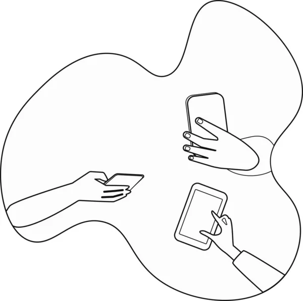 Les Mains Tiennent Les Smartphones Illustration Noir Blanc Dans Style — Image vectorielle