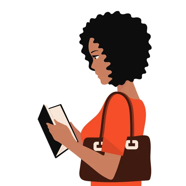 Chica Afroamericana Supermercado Librería Está Leyendo Libro Bolsa Hombro Vector — Vector de stock