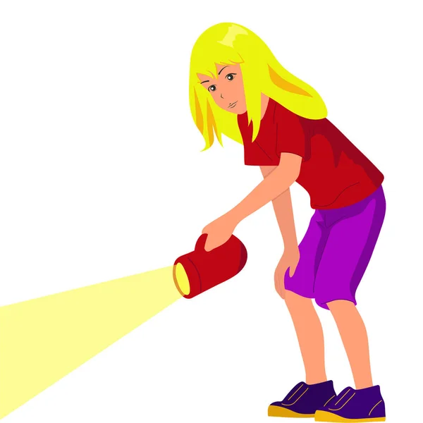 Girl Large Lantern Illuminates Road Vector Flat White — Vetor de Stock