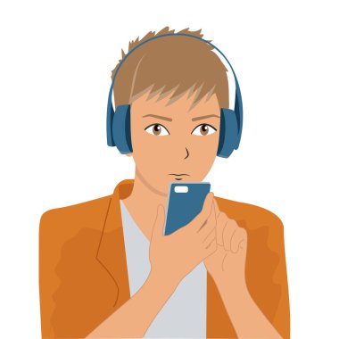 Genç adam kulaklıkla müzik ve podcast dinliyor. Vektör, düz, beyaz arkaplan.