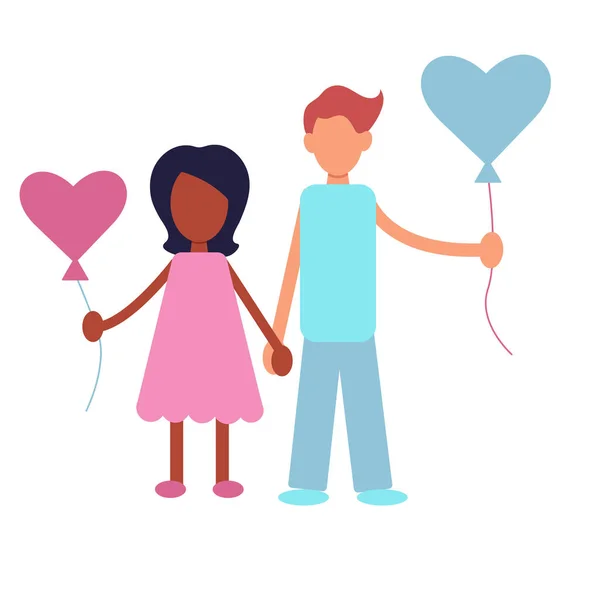 Cartoon Girl Boy Fall Love Heart Shaped Balloons Valentine Day - Stok Vektor